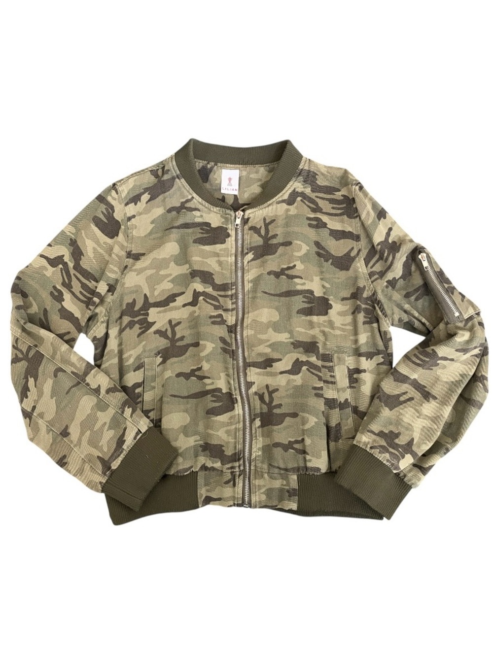 Lilian Camo Bomber Jacket Lightweight Zip Front Utility Pocket Green Size XL